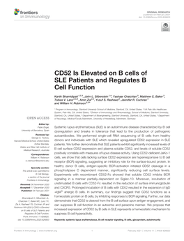 CD52 Is Elevated on B Cells of SLE Patients and Regulates B Cell Function