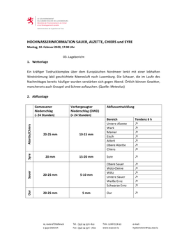 HOCHWASSERINFORMATION SAUER, ALZETTE, CHIERS Und SYRE Montag, 10