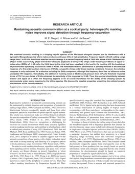 RESEARCH ARTICLE Maintaining Acoustic Communication at a Cocktail Party: Heterospecific Masking Noise Improves Signal Detection Through Frequency Separation