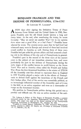 BENJAMIN FRANKLIN and the DEFENSE of PENNSYLVANIA, 1754-1757 by LEONARD W