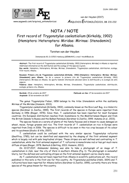 NOTA / NOTE First Record of Trygonotylus Caelestialium (Kirkaldy, 1902) (Hemiptera: Heteroptera: Miridae: Mirinae: Stenodemini)