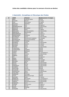 Listes Des Candidats Retenus Pour Le Concours D'accès Au Doctorat