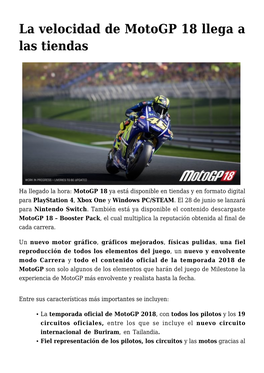 La Velocidad De Motogp 18 Llega a Las Tiendas