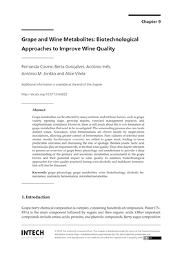 Grape and Wine Metabolites: Biotechnological Approaches to Improve Wine Quality Approaches to Improve Wine Quality