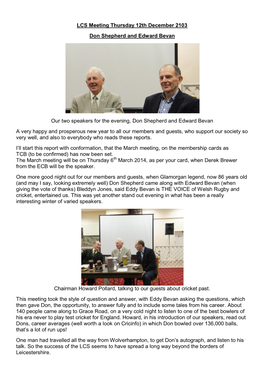 LCS Meeting Thursday 12Th December 2103 Don Shepherd and Edward Bevan