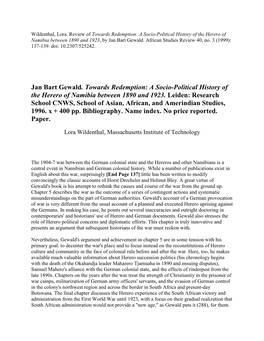 Jan Bart Gewald. Towards Redemption: a Socio-Political History of the Herero of Namibia Between 1890 and 1923