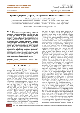 Myristica Fragrans (Jaiphal): a Significant Medicinal Herbal Plant