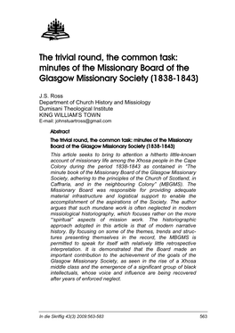 The Trivial Round, the Common Task: Minutes of the Missionary Board of the Glasgow Missionary Society (1838-1843)