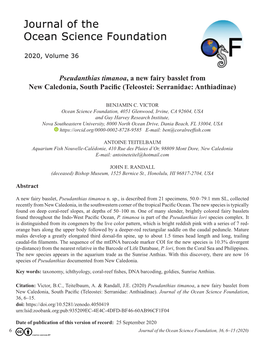 Pseudanthias Timanoa, a New Fairy Basslet from New Caledonia, South Pacific (Teleostei: Serranidae: Anthiadinae)
