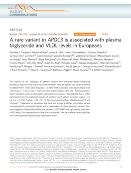 A Rare Variant in APOC3 Is Associated with Plasma Triglyceride and VLDL Levels in Europeans