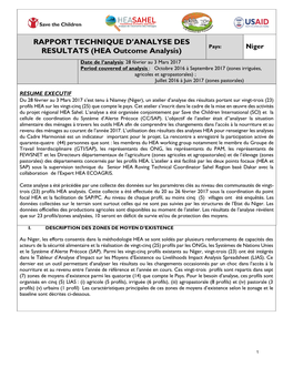 Niger RESULTATS (HEA Outcome Analysis) Date De L’Analysis: 28 Février Au 3 Mars 2017 Period Couvered of Analysis : Octobre 2016 À Septembre 2017 (Zones Irriguées