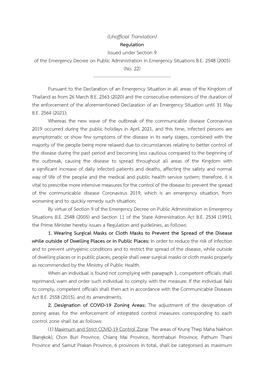 Regulation Issued Under Section 9 of the Emergency Decree on Public Administration in Emergency Situations B.E