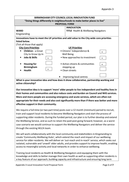 BIRMINGHAM CITY COUNCIL LOCAL INNOVATION FUND “Doing Things