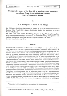 Comparative Study of the Litterfall in a Primary and Secondary Terra Firme Forest in the Vicinity of Manaus, State of Amazonas, Brazil