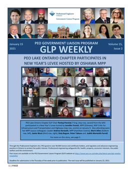 GLP WEEKLY Issue 2 PEO LAKE ONTARIO CHAPTER PARTICIPATES in NEW YEAR’S LEVEE HOSTED by OSHAWA MPP