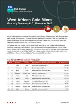 West African Gold Mines Quarterly Summary to 31 December 2018