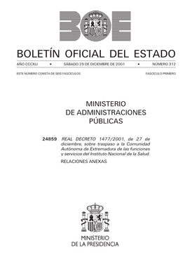 Ministerio De Administraciones P·Blicas. Suplemento Del BOE N·M. 312, Sсbado 29 De Diciembre De 2001