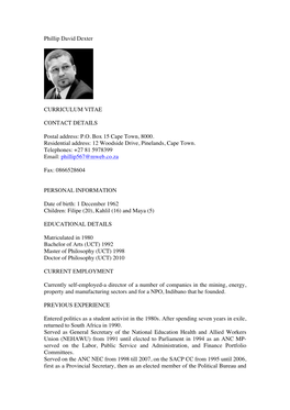 Phillip David Dexter CURRICULUM VITAE CONTACT DETAILS Postal