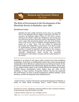 The Role of Government in the Development of the Electricity Service in Barbados, 1911-1980