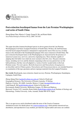 Post-Extinction Brachiopod Faunas from the Late Permian Wuchiapingian Coal Series of South China