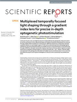 Multiplexed Temporally Focused Light Shaping Through a Gradient Index Lens for Precise In-Depth Optogenetic Photostimulation