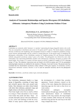 Analysis of Taxonomic Relationships and Species Divergence of Libellulidae (Odonata: Anisoptera) Members Using Cytochrome Oxidase I Gene