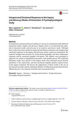Intrapersonal Emotional Responses to the Inquiry and Advocacy Modes of Interaction: a Psychophysiological Study
