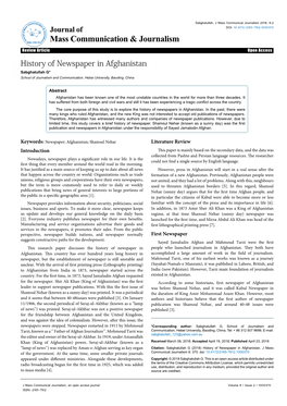 History of Newspaper in Afghanistan Sabghatullah G* School of Journalism and Communication, Hebei University, Baoding, China