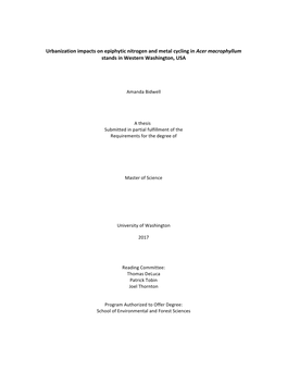 Urbanization Impacts on Epiphytic Nitrogen and Metal Cycling in Acer Macrophyllum Stands in Western Washington, USA