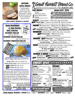 Menu-Sept. 2019 Rosh Hashanah & Yom Kippur Autumn Apple Bread