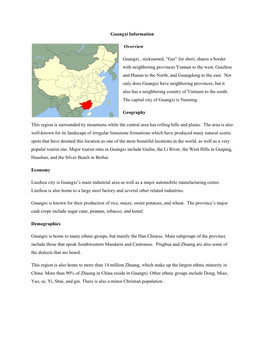 Guangxi Information Overview Guangxi , Nicknamed, “Gui” for Short