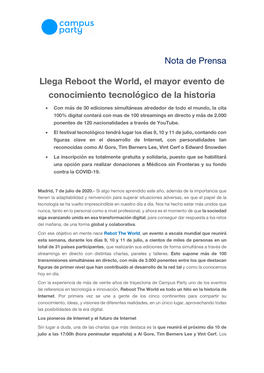 Nota De Prensa Llega Reboot the World, El Mayor