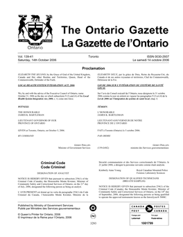 Ontario Gazette Volume 139 Issue 41, La Gazette De L'ontario Volume 139