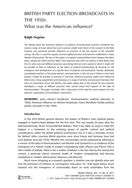 BRITISH PARTY ELECTION BROADCASTS in the 1950S What Was the American Inﬂuence?