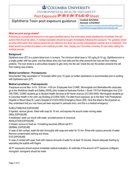 Diphtheria Toxin Post Exposure Guidance Revised: 1/14/2019 Tent/EHS/Homepage/Diphtheriaprintandgo.Pdf