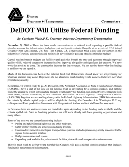 Deldot Will Utilize Federal Funding