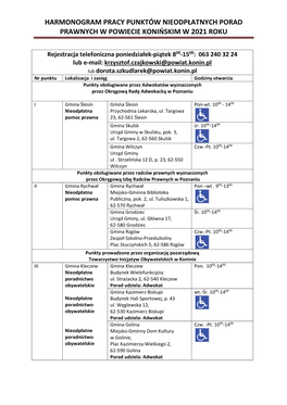 Harmonogram Pracy Punktów Obowiązujący Od