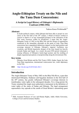 Anglo Egyptian Treaty on the Nile and the Tana Dam Concessions
