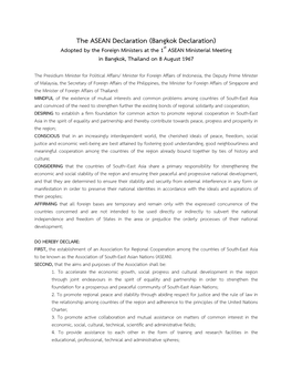 The ASEAN Declaration (Bangkok Declaration) Adopted by the Foreign Ministers at the 1St ASEAN Ministerial Meeting in Bangkok, Thailand on 8 August 1967