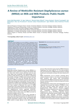 A Review of Methicillin-Resistant Staphylococcus Aureus (MRSA) on Milk and Milk Products: Public Health Importance