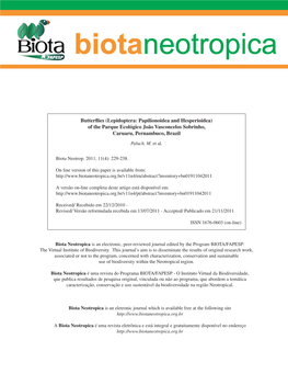 Butterflies (Lepidoptera: Papilionoidea and Hesperioidea) of the Parque Ecológico João Vasconcelos Sobrinho, Caruaru, Pernambuco, Brazil