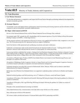 Vote:015 Ministry of Trade, Industry and Cooperatives V1: Vote Overview I