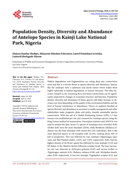 Population Density, Diversity and Abundance of Antelope Species in Kainji Lake National Park, Nigeria