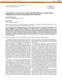 Victimisation in the Lives of Lesbian-Identified Women in South Africa: Implications for Clinical Assessment and Treatment