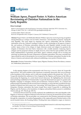 William Apess, Pequot Pastor: a Native American Revisioning of Christian Nationalism in the Early Republic