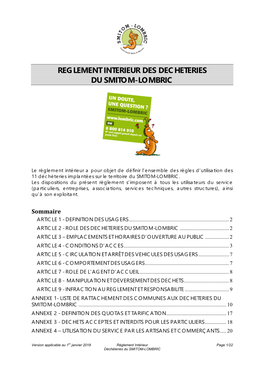 Règlement Intérieur Des Déchèteries Du SMITOM-LOMBRIC