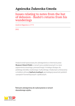 Agnieszka Żuławska-Umeda Issues Relating to Notes from the Hut of Delusion - Bashō’S Returns from His Wanderings