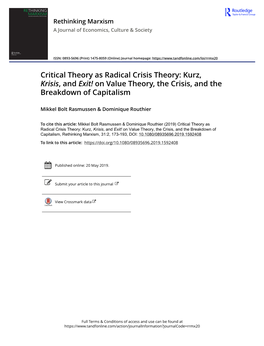 Critical Theory As Radical Crisis Theory: Kurz, Krisis, and Exit! on Value Theory, the Crisis, and the Breakdown of Capitalism