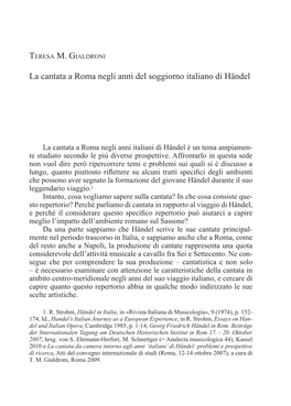 La Cantata a Roma Negli Anni Del Soggiorno Italiano Di Händel