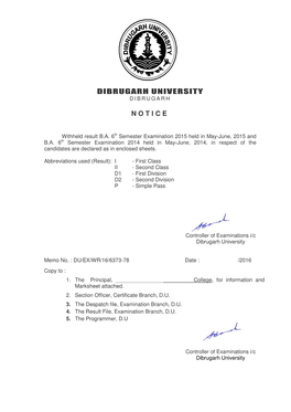 Dibrugarh University Notice